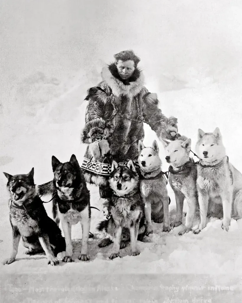 Leonhard Seppala en parka de fourrure avec ses huskies de Sibérie, dont Togo